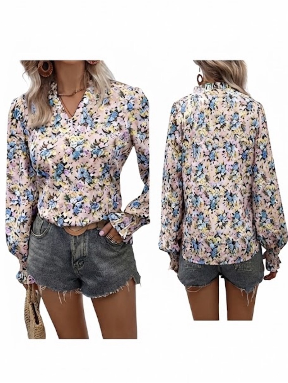 SHEIN VCAY Allover Floral Print Flounce Sleeve Blouse size S